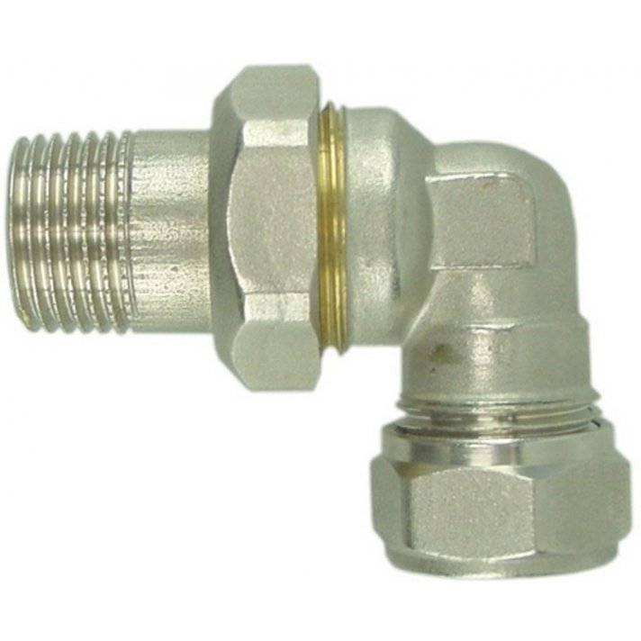 Radiatorkoppeling 3-delig 1/2" x 15 mm knel, haaks, vernikkeld