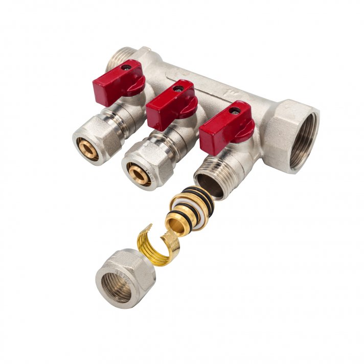 Verdeler met bolkraan mv-1" 3x16 rood