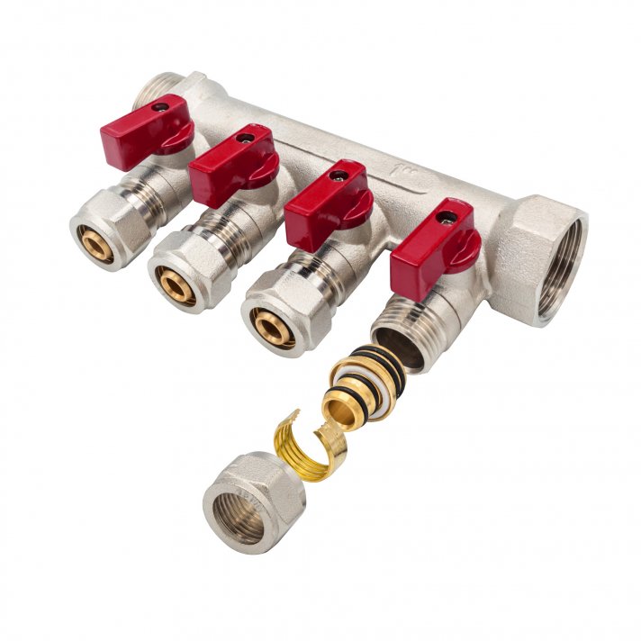Verdeler met bolkraan mv-1" 4x16 rood