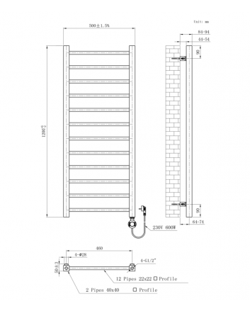 1200x500 – 413 Watt | elektrische handdoekradiator wit