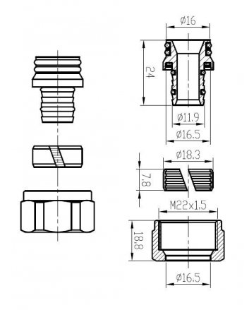 Luxe adaptor M22 naar 16 x 2,0 mm, chroom