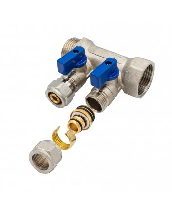 Verdeler met bolkraan mv-1" 2x16 blauw